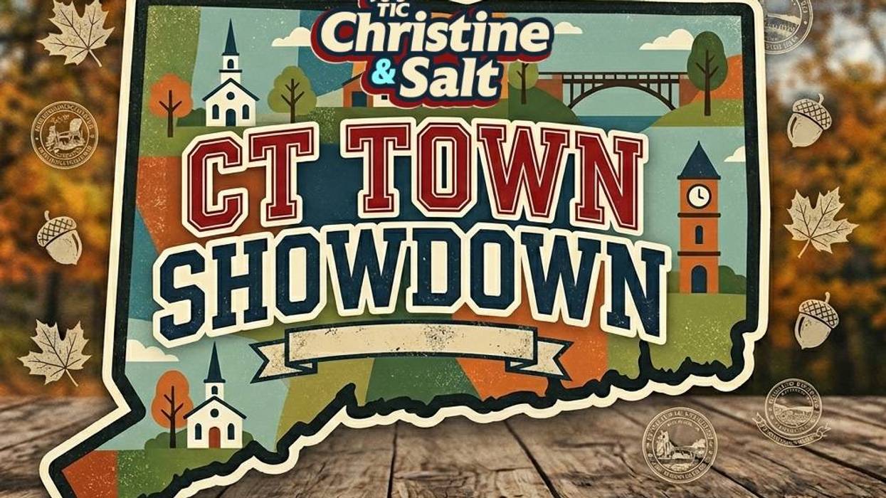 CT Town Showdown logo from 96.5 TIC Christine & Salt, a stylized CT map with autumn background.
