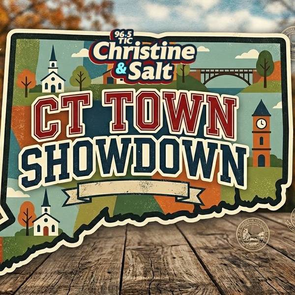 CT Town Showdown logo from 96.5 TIC Christine & Salt, a stylized CT map with autumn background.