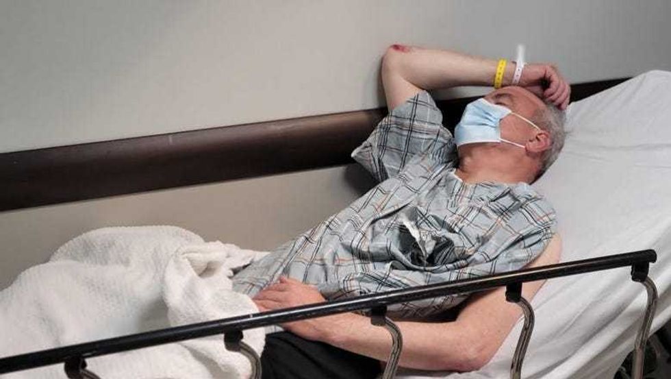 Curtis Sliwa at Lenox Hill Hospital after being struck by a cab in Manhattan on Oct. 29, 2021