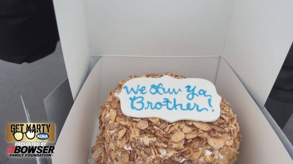 Custom made Burnt Almond Torte from Oakmont Bakery.