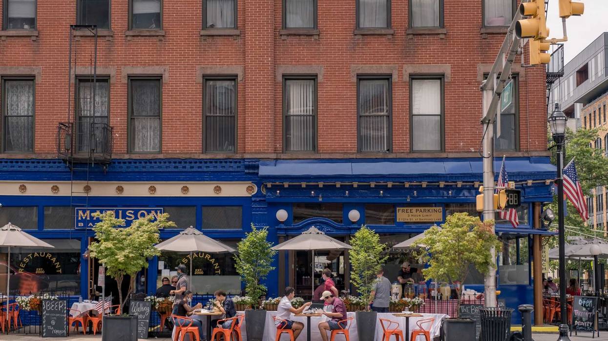 Customers have a lunch outside a restaurant as the city reopens from the coronavirus lockdown on June 15, 2020 in Hoboken, New Jersey.