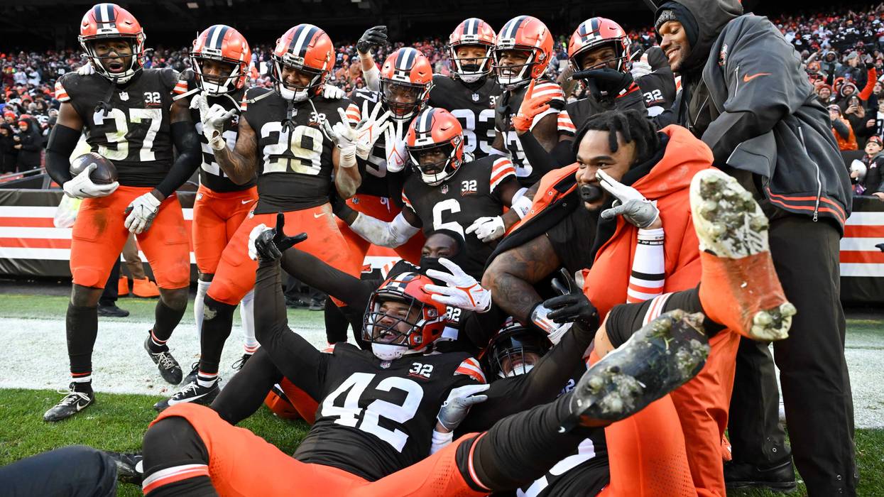 D'Anthony Bell #37 of the Cleveland Browns celebrates with teammates after intercepting a pass in the end zone during the fourth quarter to win the game over the Chicago Bears at Cleveland Browns Stadium on December 17, 2023 in Cleveland, Ohio.