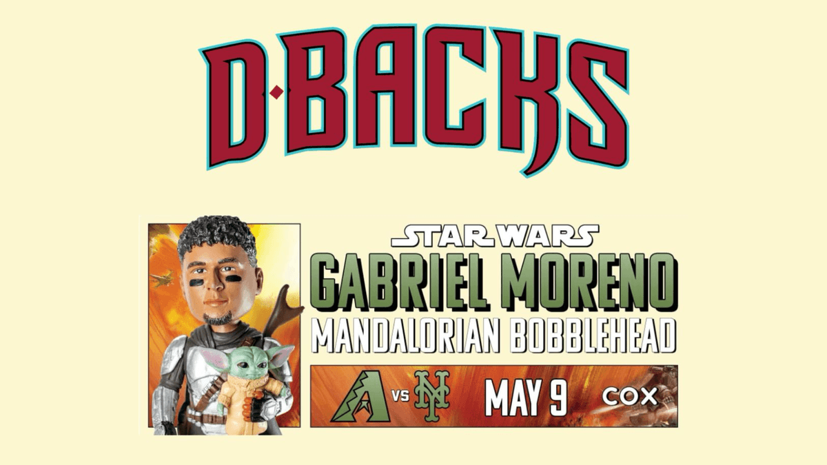 D-backs Gabriel Moreno Mandalorian bobblehead promo, May 9. Moreno as Mando with Grogu.