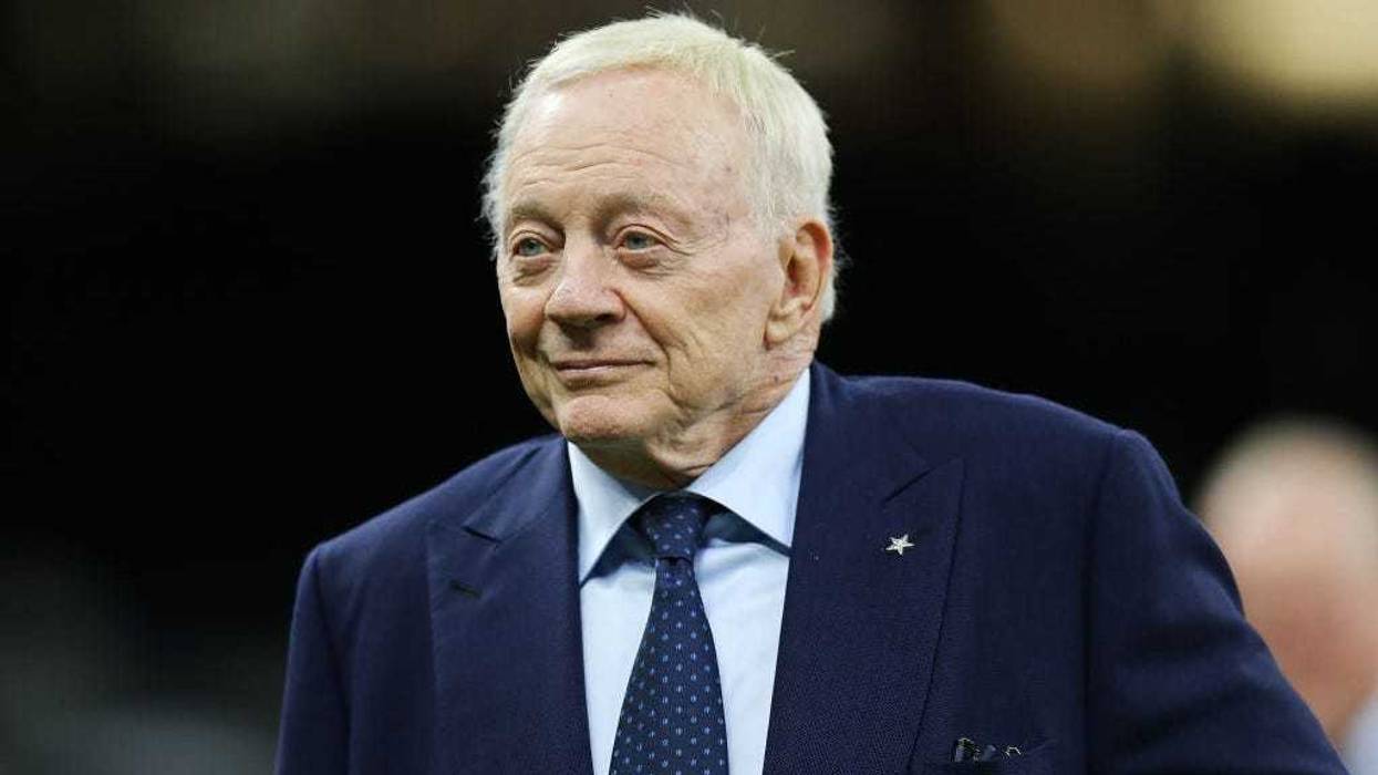 Dallas Cowboys owner Jerry Jones looks over warm ups before the game between the Dallas Cowboys and the New Orleans Saints at Caesars Superdome on December 02, 2021 in New Orleans, Louisiana.