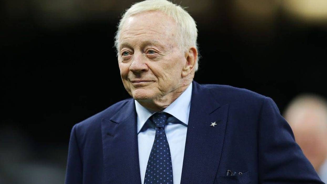 Dallas Cowboys owner Jerry Jones looks over warm ups before the game between the Dallas Cowboys and the New Orleans Saints at Caesars Superdome on December 02, 2021 in New Orleans, Louisiana.