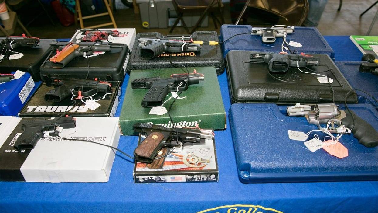 DALLAS, Jan. 7, 2018 (Xinhua) -- Guns are displayed at the Dallas Gun Show in Dallas, Texas, the United States, Jan. 6, 2018. The two-day event was hosted by the Dallas Arms Collectors Association. (Xinhua/Tian Dan) (zcc) (Photo by Xinhua/Sipa USA)