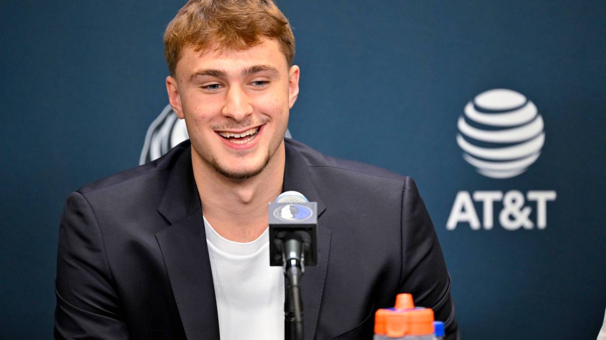 Dallas Mavericks first overall pick Cooper Flagg speaks to the media during a press conference at the Dallas Mavericks' practice facility.
