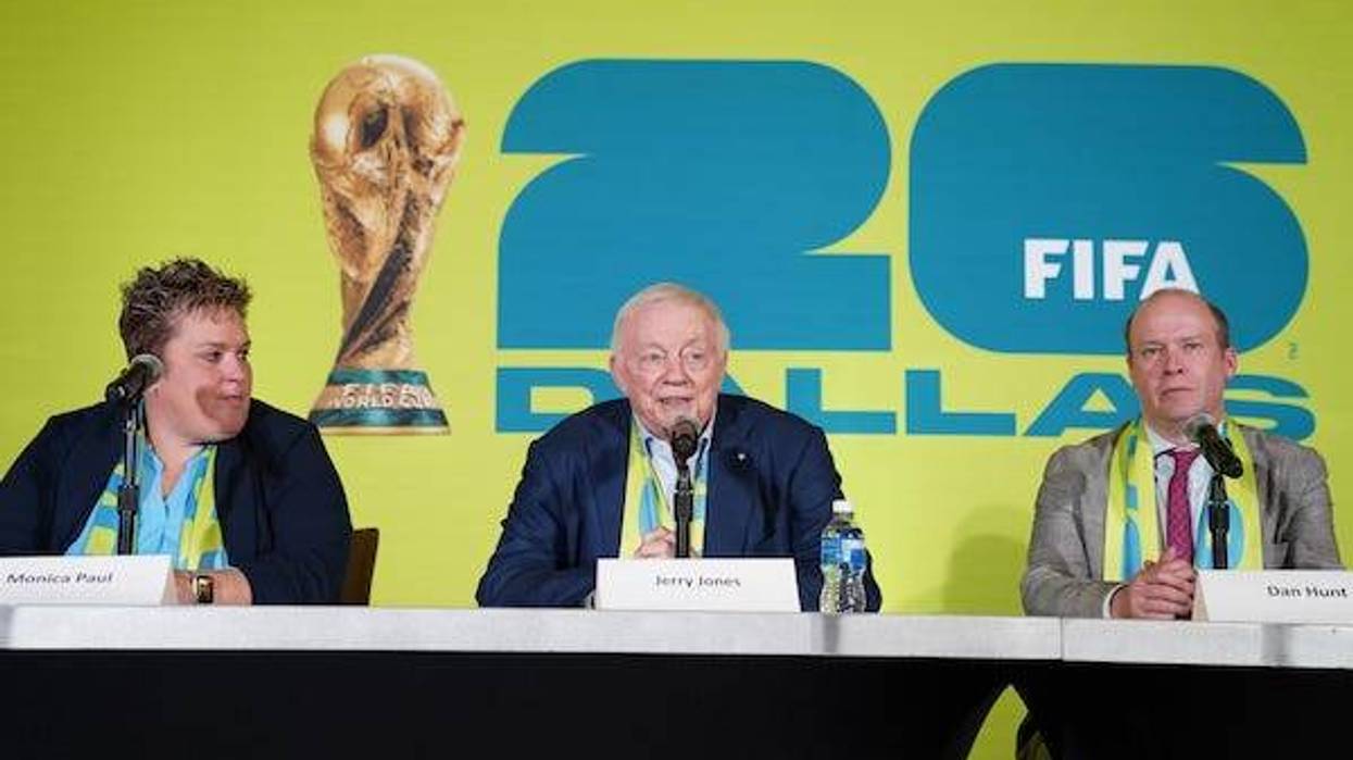 Dallas Sports Commission executive director Monica Paul, Dallas Cowboys owner Jerry Jones and FC Dallas president Dan Hunt answer questions during a press conference after FIFA announced that AT&T Stadium will host a total of 9 games of the 2026 World Cup including a semi-final