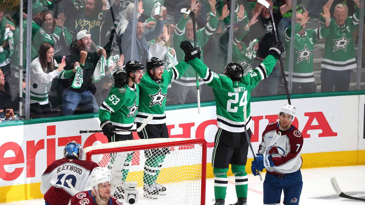 DALLAS, TEXAS - MAY 03: Wyatt Johnston #53 of the Dallas Stars is congratulated by Matt Duchene #95 and Roope Hintz #24 after scoring a goal past Mackenzie Blackwood #39 of the Colorado Avalanche during the third period in Game Seven of the First Round of the 2025 Stanley Cup Playoffs at American Airlines Center on May 03, 2025 in Dallas, Texas. (Photo by Richard Rodriguez/Getty Images)