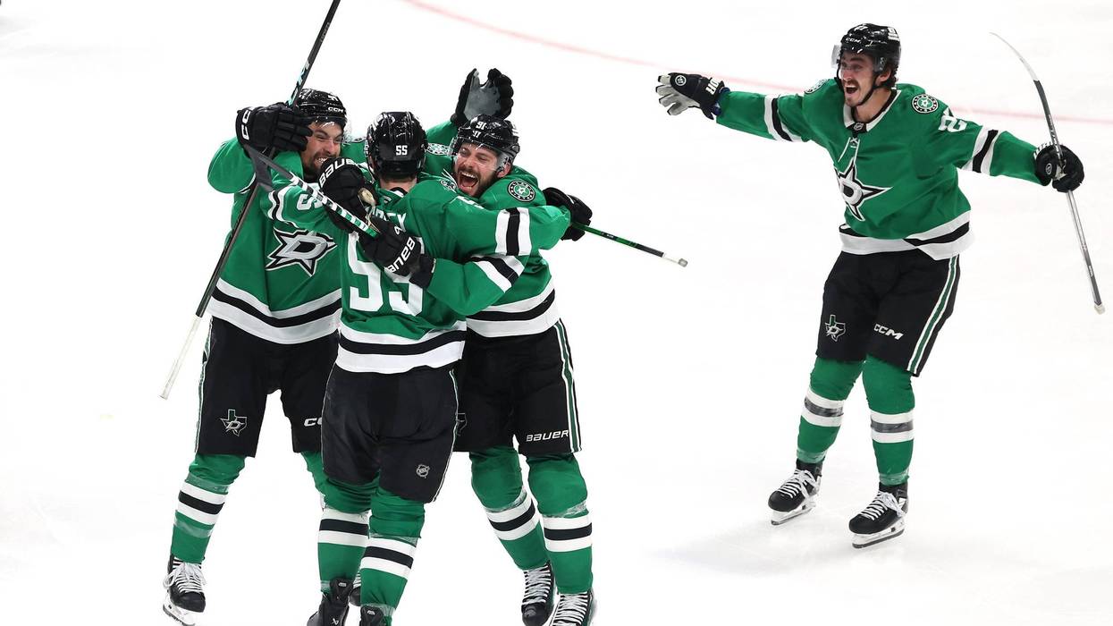 DALLAS, TEXAS - MAY 17: Thomas Harley #55 of the Dallas Stars celebrates with Cody Ceci #44, Tyler Seguin #91 and Mason Marchment #27 after scoring the game winning goal in overtime to win Game Six of the Second Round of the 2025 Stanley Cup Playoffs at American Airlines Center on May 17, 2025 in Dallas, Texas. (Photo by Sam Hodde/Getty Images)