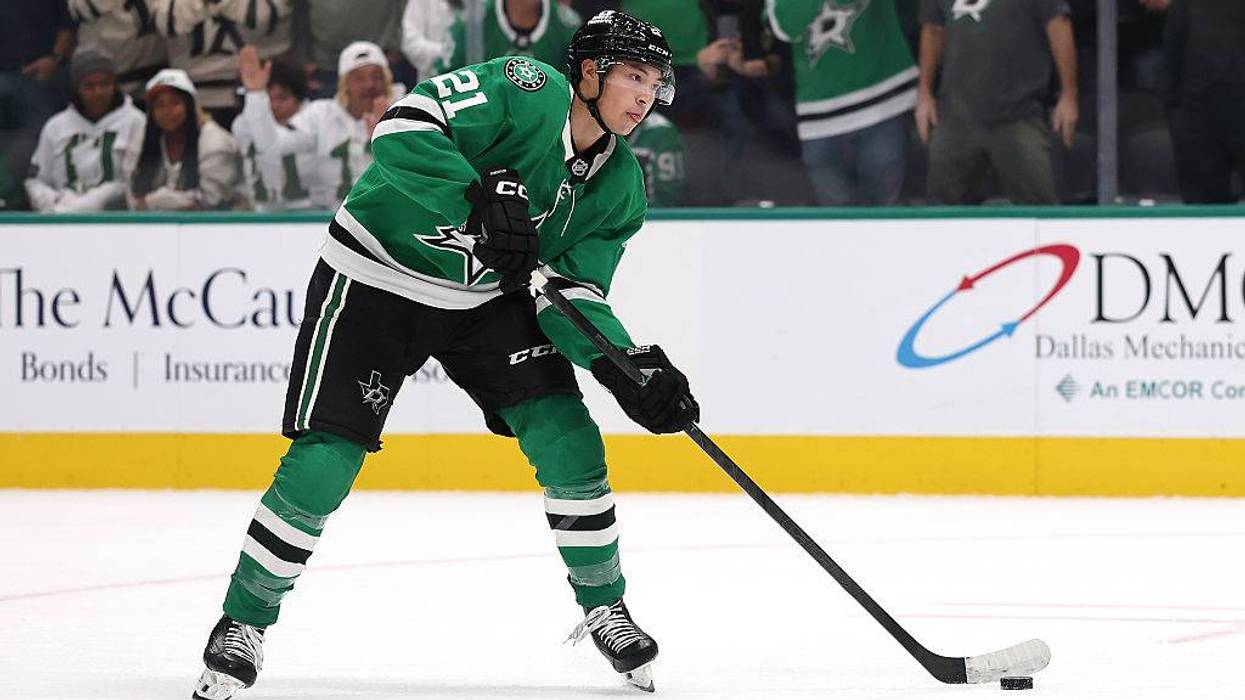 DALLAS, TEXAS - NOVEMBER 04: Jason Robertson #21 of the Dallas Stars controls the puck during a game against the Edmonton Oilers at American Airlines Center on November 04, 2025 in Dallas, Texas. (Photo by Stacy Revere/Getty Images)
