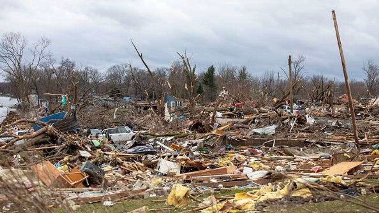 Damage and debris after a tornado hit Union City, Michigan.