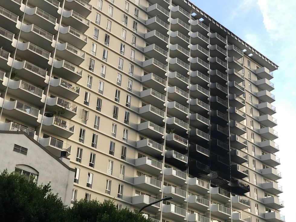Damage from a fire in the high-rise Gateway apartment complex in San Francisco