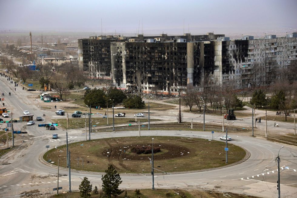 Damage is seen on apartment buildings after shelling from fighting on the outskirts of Mariupol, Ukraine, in territory under control of the separatist government of the Donetsk People