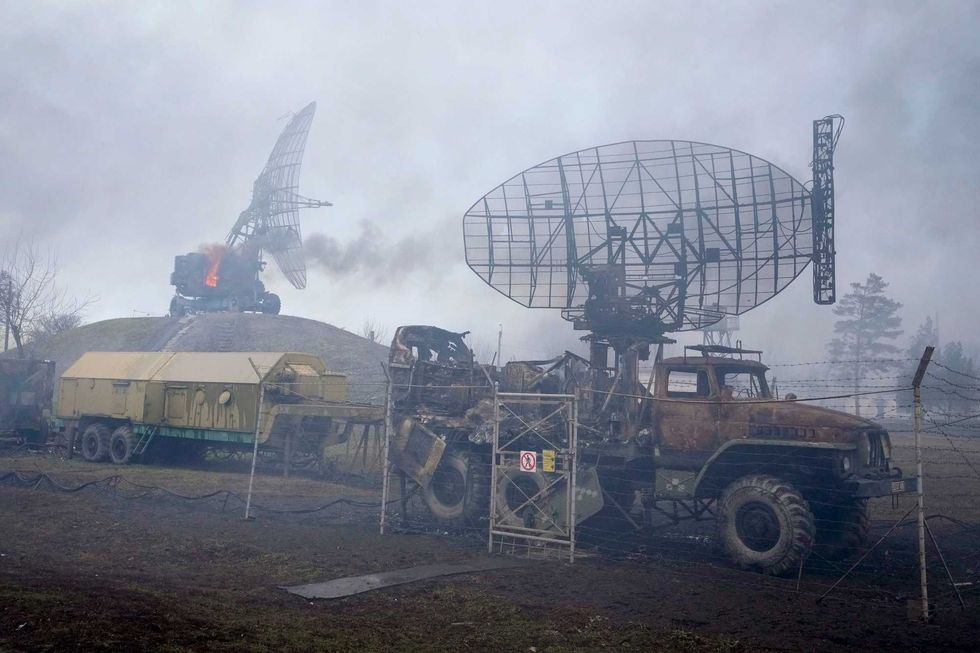 Damaged radar arrays and other equipment is seen at Ukrainian military facility outside Mariupol, Ukraine, Thursday, Feb. 24, 2022