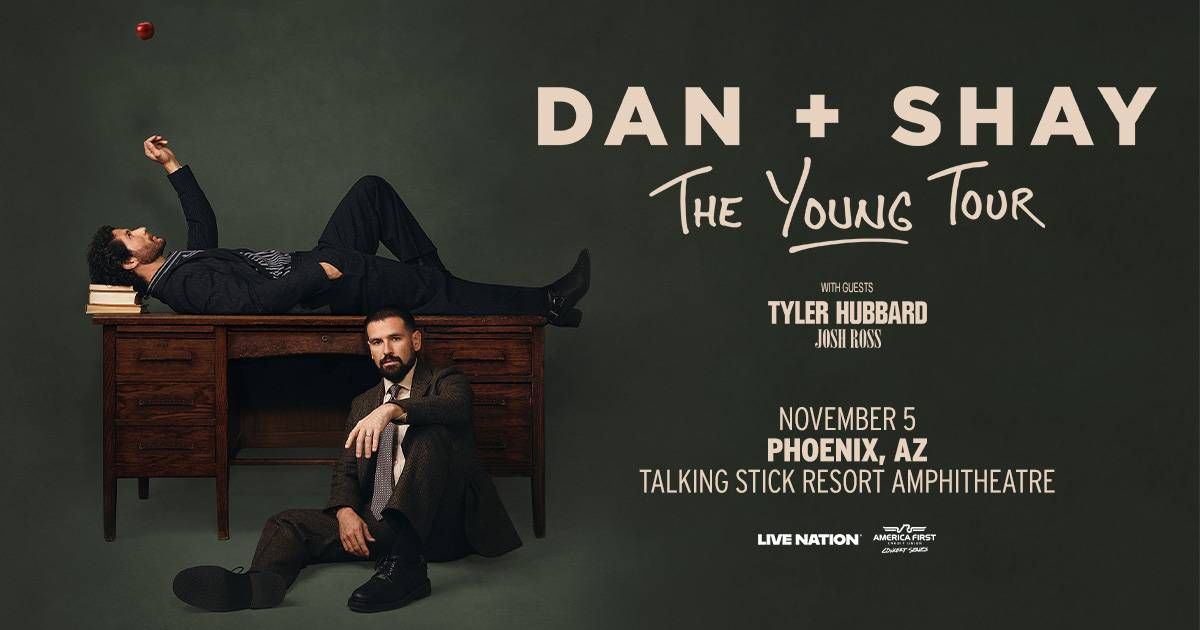 Dan + Shay "The Young Tour" poster. Two men pose with a desk and floating red apple. Phoenix, Nov 5.