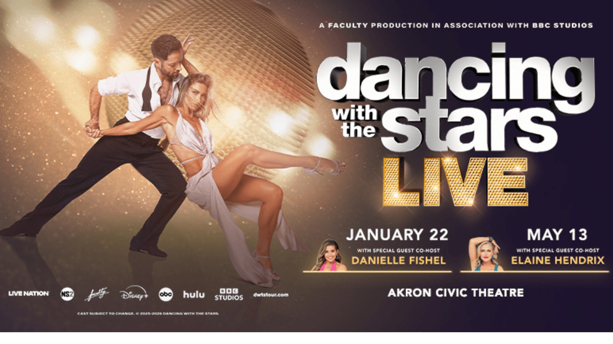 Dancing with the Stars Live poster with two dancers, Jan 22 & May 13 dates, Akron Civic Theatre.
