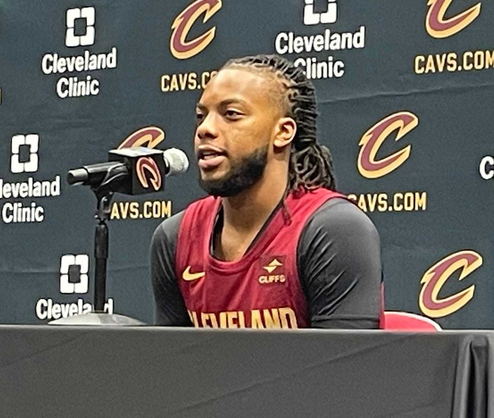 Darius Garland talks to reporters during Monday
