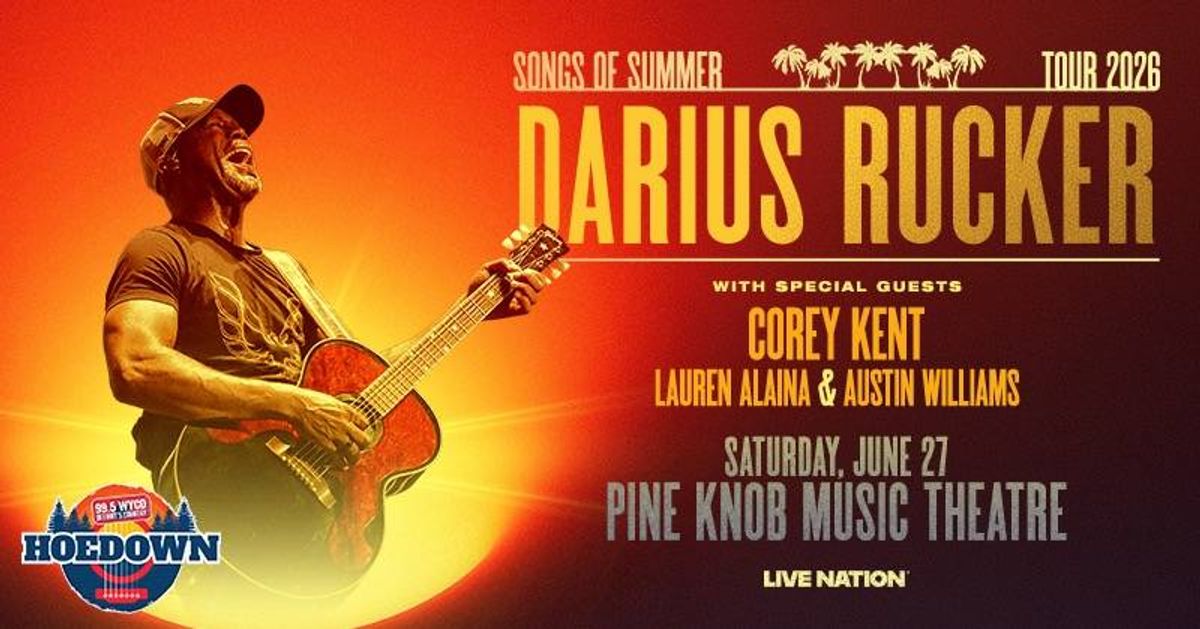 Darius Rucker Songs of Summer Tour 2026 poster with guests Corey Kent, Lauren Alaina. Pine Knob, June 27.
