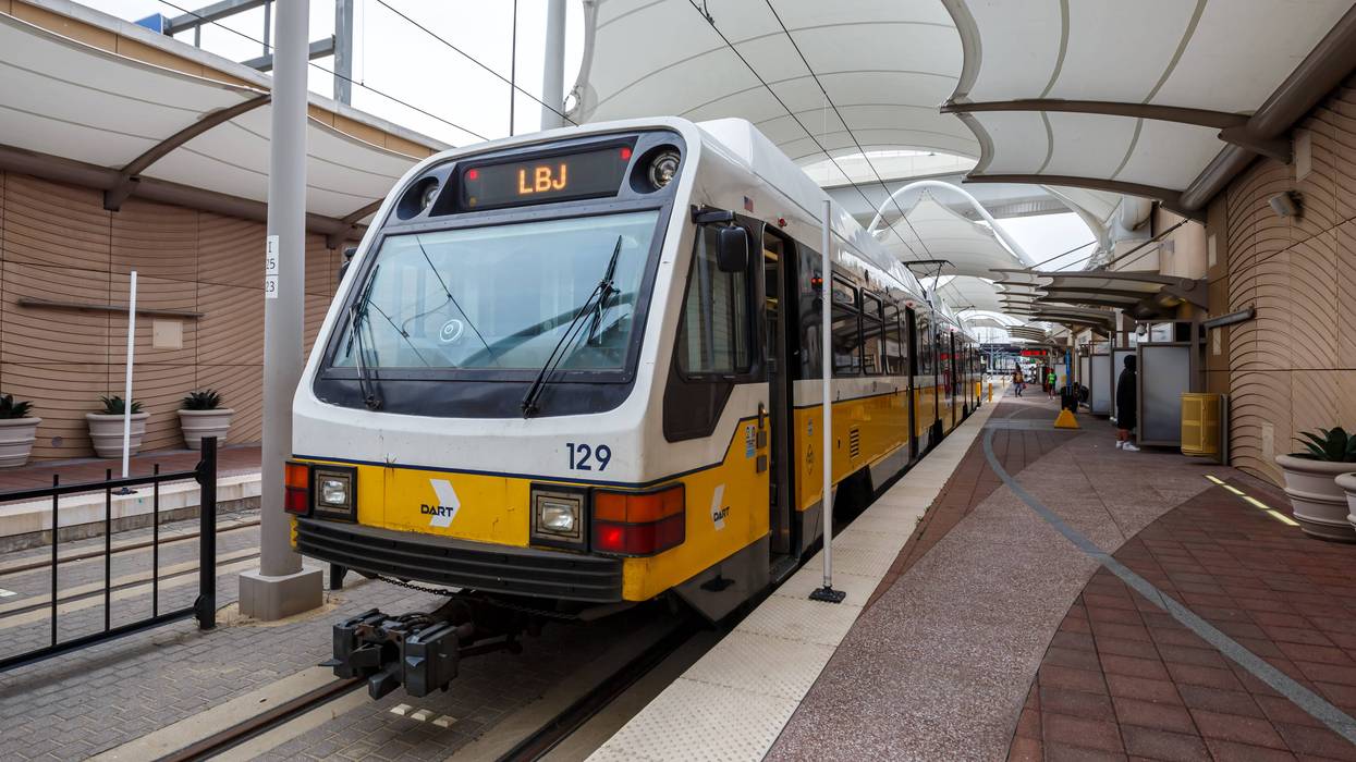 DART light rail public transport at DFW Airport station.