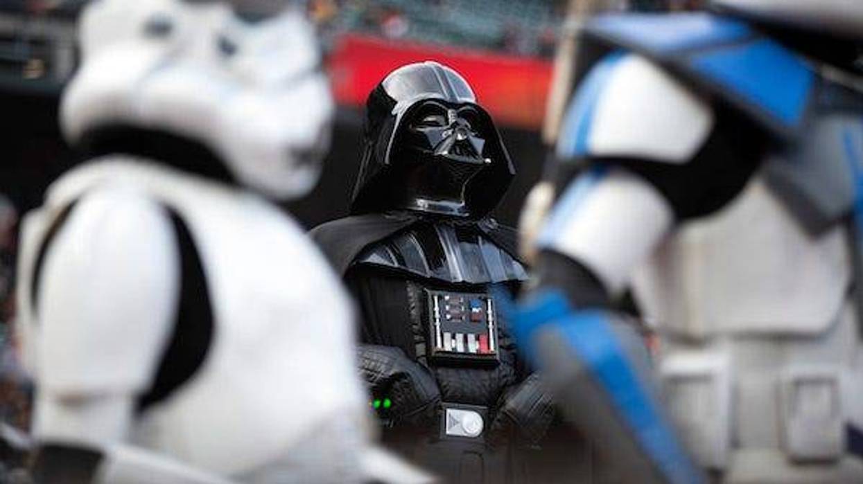 Darth Vader and his Imperial Storm Troopers await the arrival of the umpires on Star Wars Day at Oracle Park for a game between the Colorado Rockies and San Francisco Giants