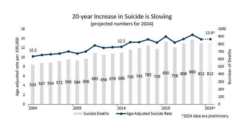 Data from the Minnesota Department of Health shows suicide rates in the state trending up through 2022 - but a small decline the last two years have experts hopeful of a reversal.