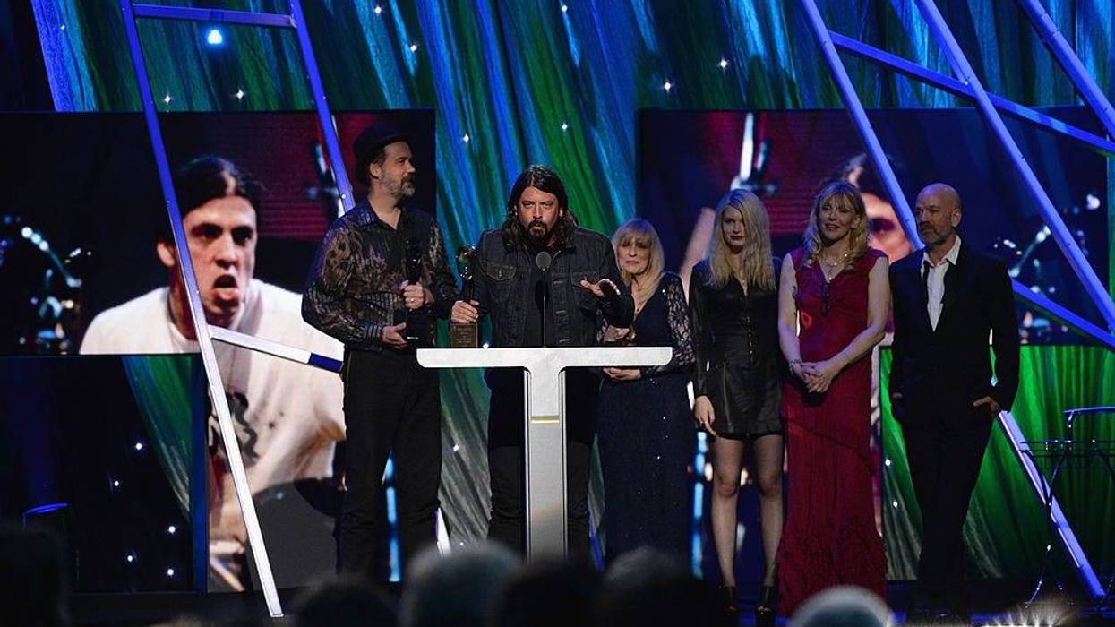 Dave Grohl of Nirvana speaks onstage at the 29th Annual Rock And Roll Hall Of Fame Induction Ceremony at Barclays Center of Brooklyn on April 10, 2014 in New York City. Spencer Elden was featured as a naked baby on the cover of Nirvana’s iconic “Nevermind” album. Now 30 years old, he's filed a lawsuit alleging that the band and various others violated federal laws by profiting off of child pornography.