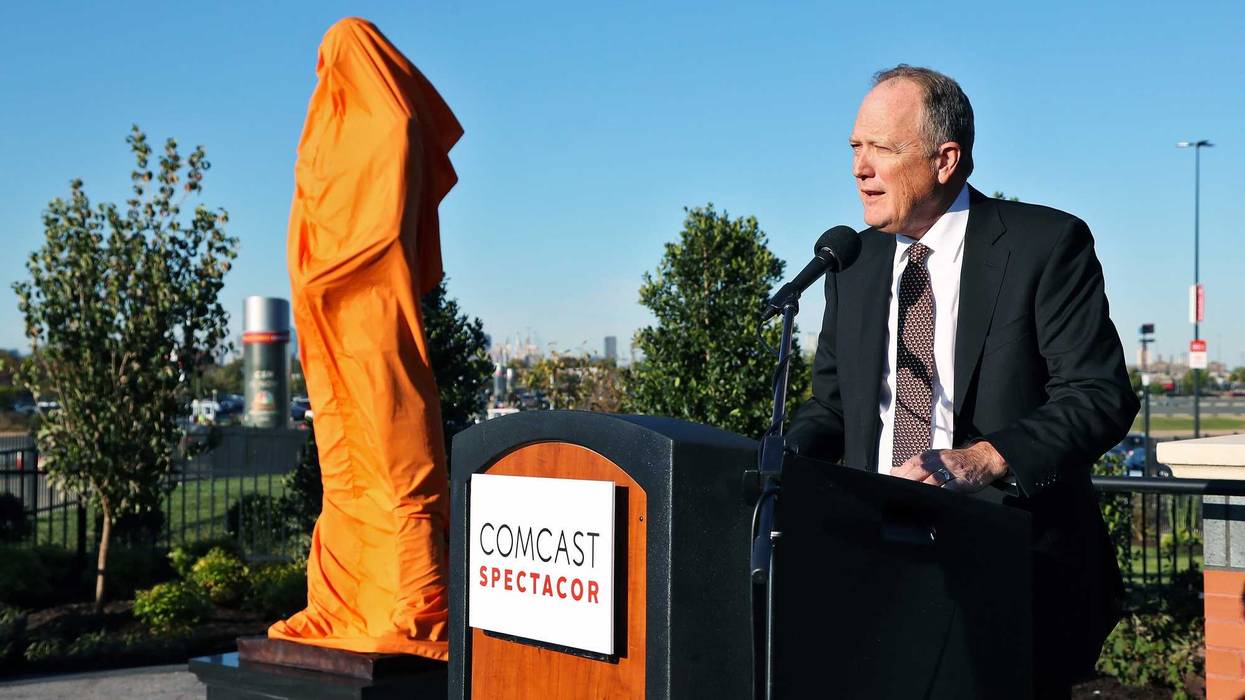 Dave Scott, CEO of Comcast Spectacor, speaks during a ceremony where a statue of the late Philadelphia Flyers owner and founder Ed Snider was unveiled on Oct. 19, 2017, at the Wells Fargo Center in Philadelphia, Pennsylvania.
