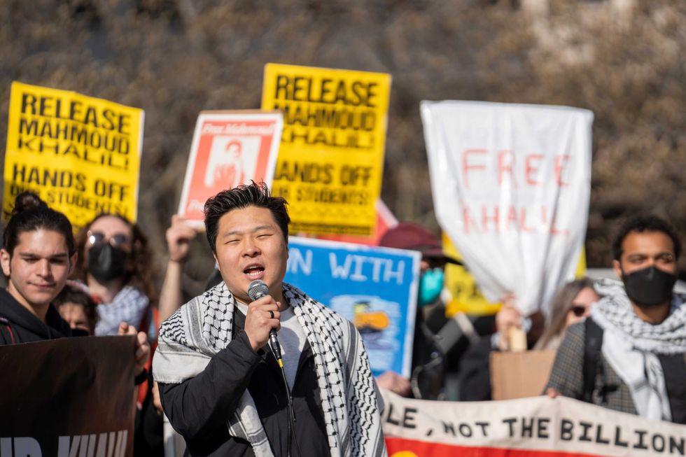 David Chung, organizer with Shut It Down for Palestine, chants during a rally outside of the hearing for detained Columbia University graduate Mahmoud Khalil at U.S. District Court in Newark on Friday, March 28, 2025