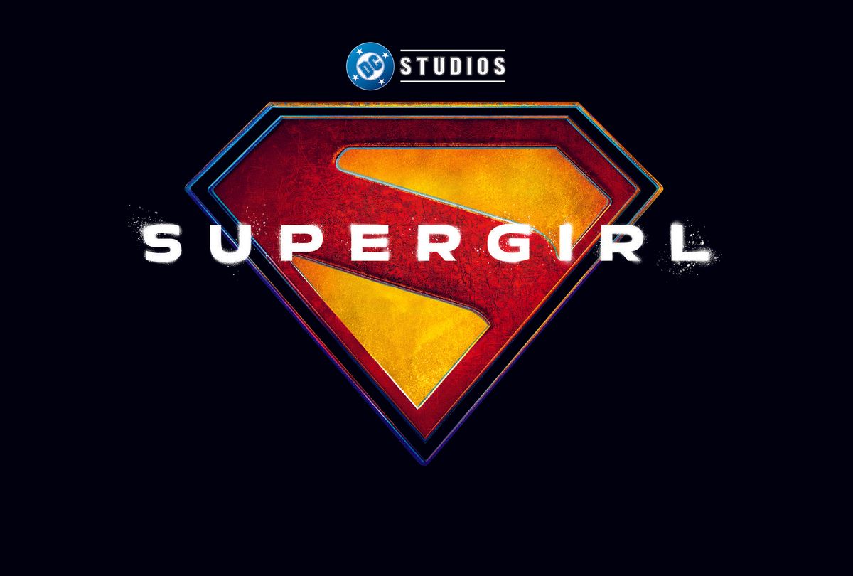 DC Studios Supergirl title logo: metallic red and gold 'S' shield with 'SUPERGIRL' across it.