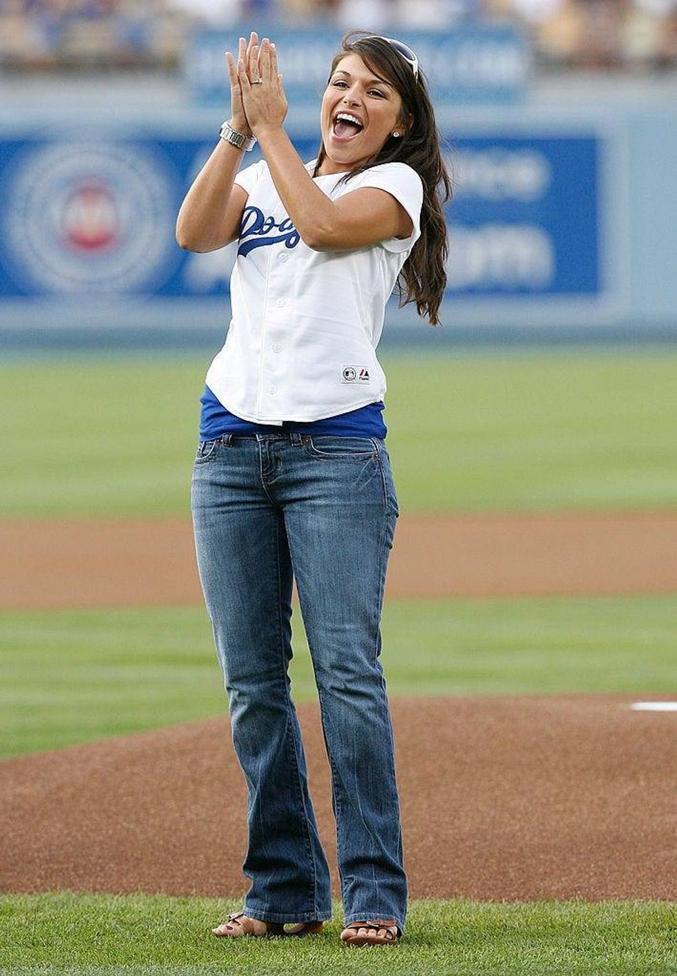 DeAnna Pappas of the The Bachelorette throws the opening pitch before the game between the Florida Marlins and the Los Angeles Dodgers at Dodger Stadium on July 10, 2008 in Los Angeles, California