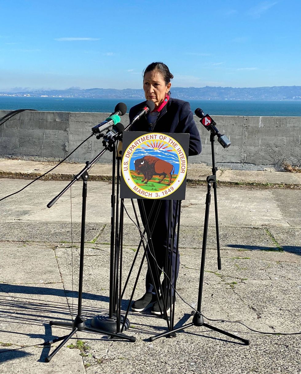 Deb Haaland speaking during Saturday