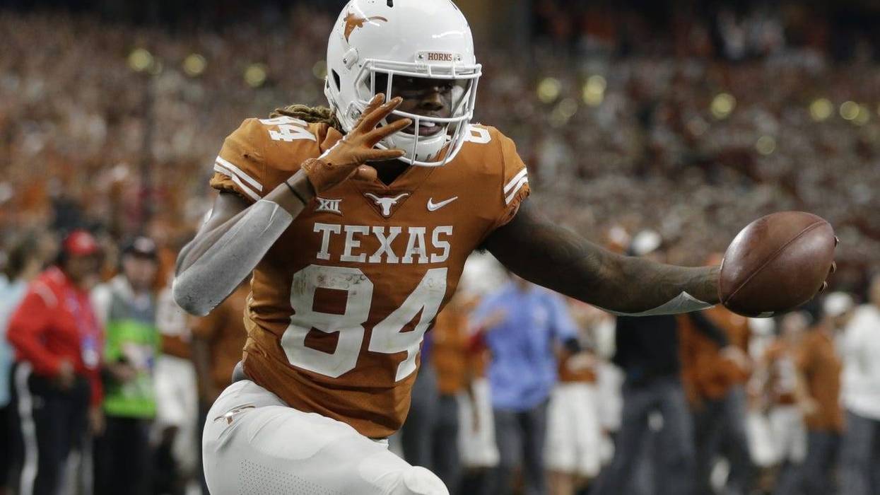 Dec 1, 2018; Arlington, TX, USA; Texas Longhorns wide receiver Lil'Jordan Humphrey (84) reacts to scoring a touchdown in the fourth quarter against the Oklahoma Sooners in the Big 12 championship game at AT&T Stadium
