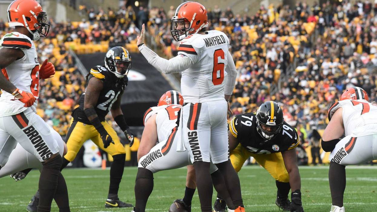 Dec 1, 2019; Pittsburgh, PA, USA; Cleveland Browns quarterback Baker Mayfield (6) call a play against the Pittsburgh Steelers during the second quarter at Heinz Field. Mandatory Credit: Philip G. Pavely-USA TODAY Sports