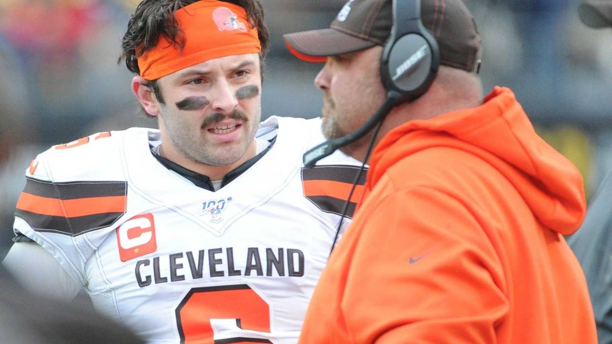 Dec 1, 2019; Pittsburgh, PA, USA; Cleveland Browns quarterback Baker Mayfield (6) talks with head coach Freddie Kitchens during a challenged call against the Pittsburgh Steelers during the first quarter at Heinz Field. Mandatory Credit: Philip G. Pavely-U