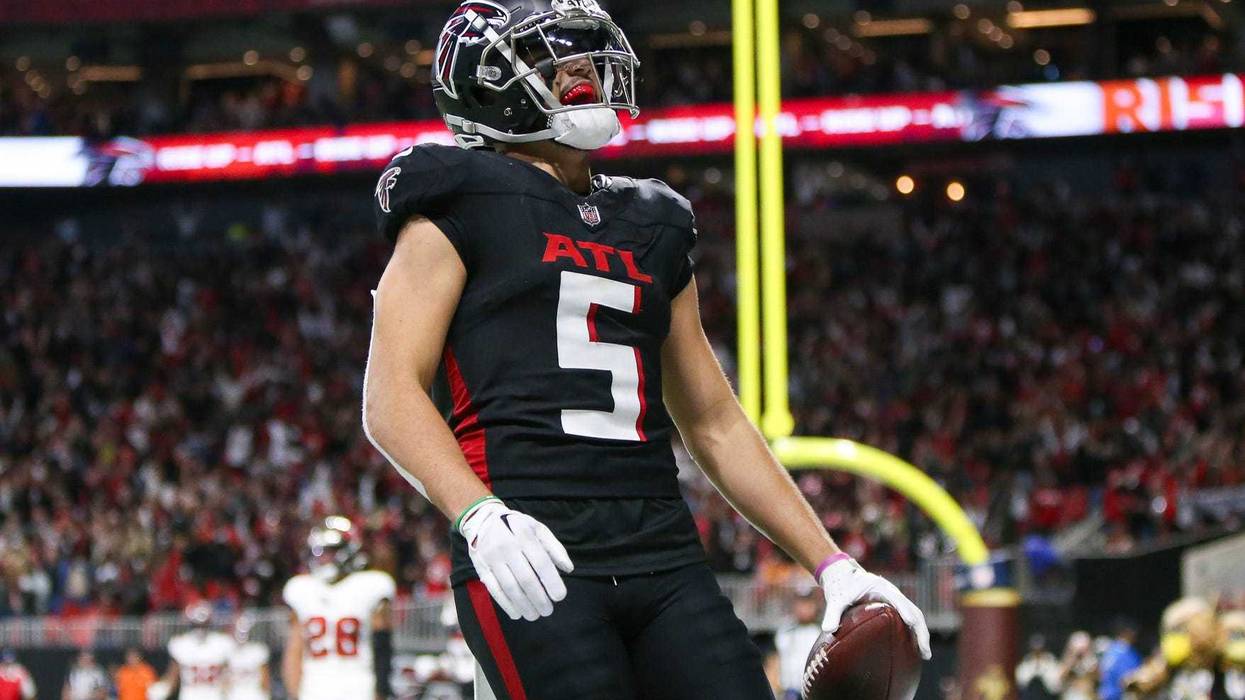Dec 10, 2023; Atlanta, Georgia, USA; Atlanta Falcons wide receiver Drake London (5) reacts after a two-point conversion against the Tampa Bay Buccaneers in the second half at Mercedes-Benz Stadium. Mandatory Credit: Brett Davis-USA TODAY Sports