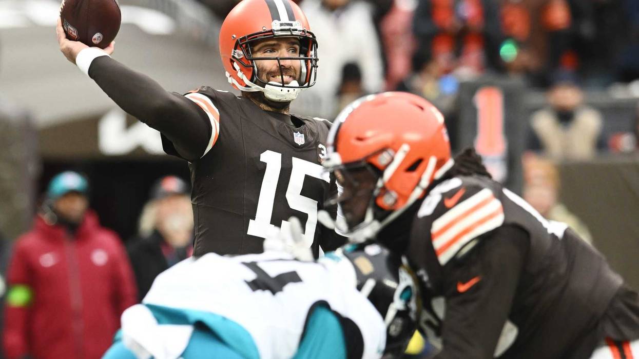 Dec 10, 2023; Cleveland, Ohio, USA; Cleveland Browns quarterback Joe Flacco (15) throws a pass during the first half against the Jacksonville Jaguars at Cleveland Browns Stadium. Mandatory Credit: Ken Blaze-USA TODAY Sports