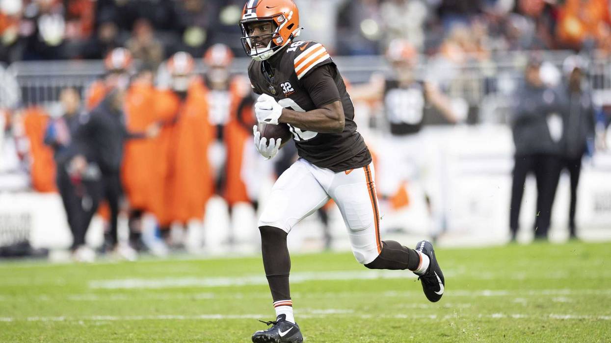 Dec 10, 2023; Cleveland, Ohio, USA; Cleveland Browns wide receiver David Bell (18) runs the ball for a touchdown against the Jacksonville Jaguars during the fourth quarter at Cleveland Browns Stadium. Mandatory Credit: Scott Galvin-USA TODAY Sports