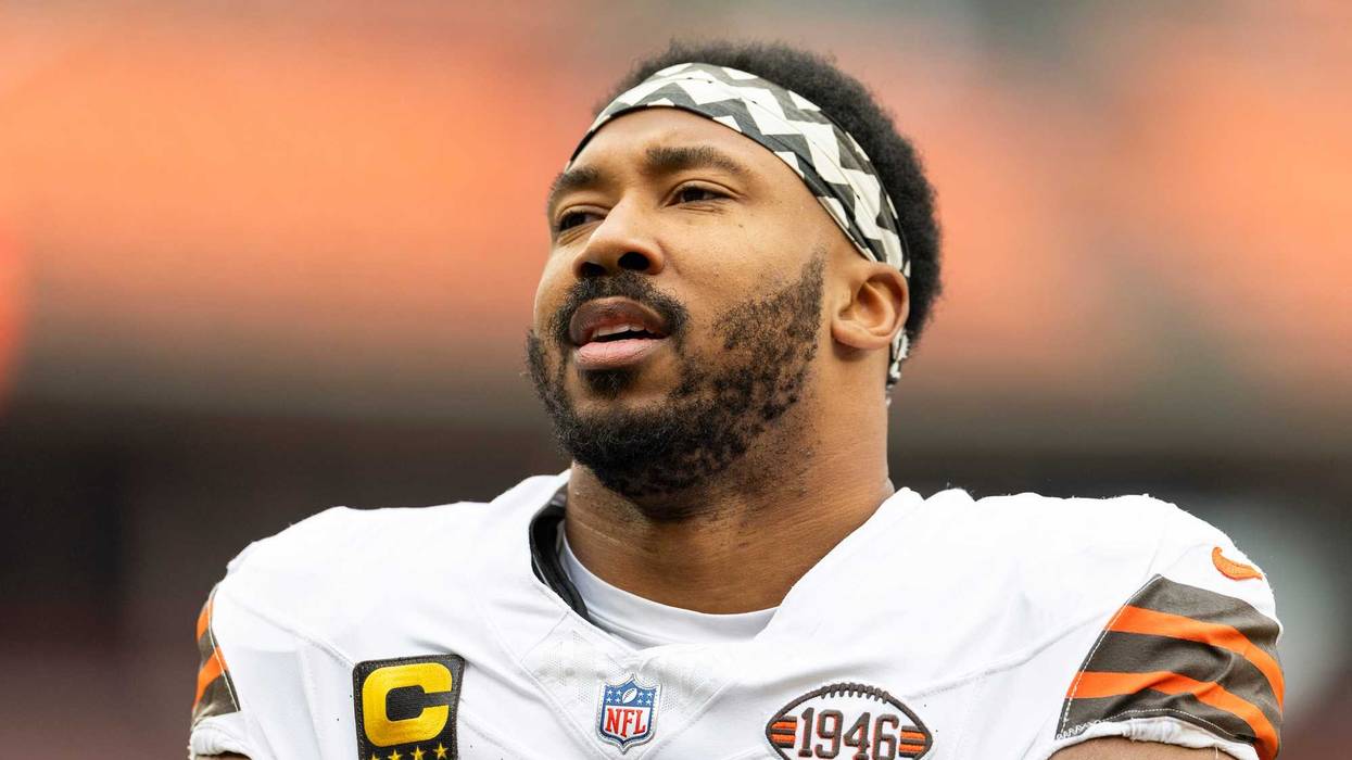 Dec 15, 2024; Cleveland, Ohio, USA; Cleveland Browns defensive end Myles Garrett (95) during warm ups before the game against the Kansas City Chiefs at Huntington Bank Field