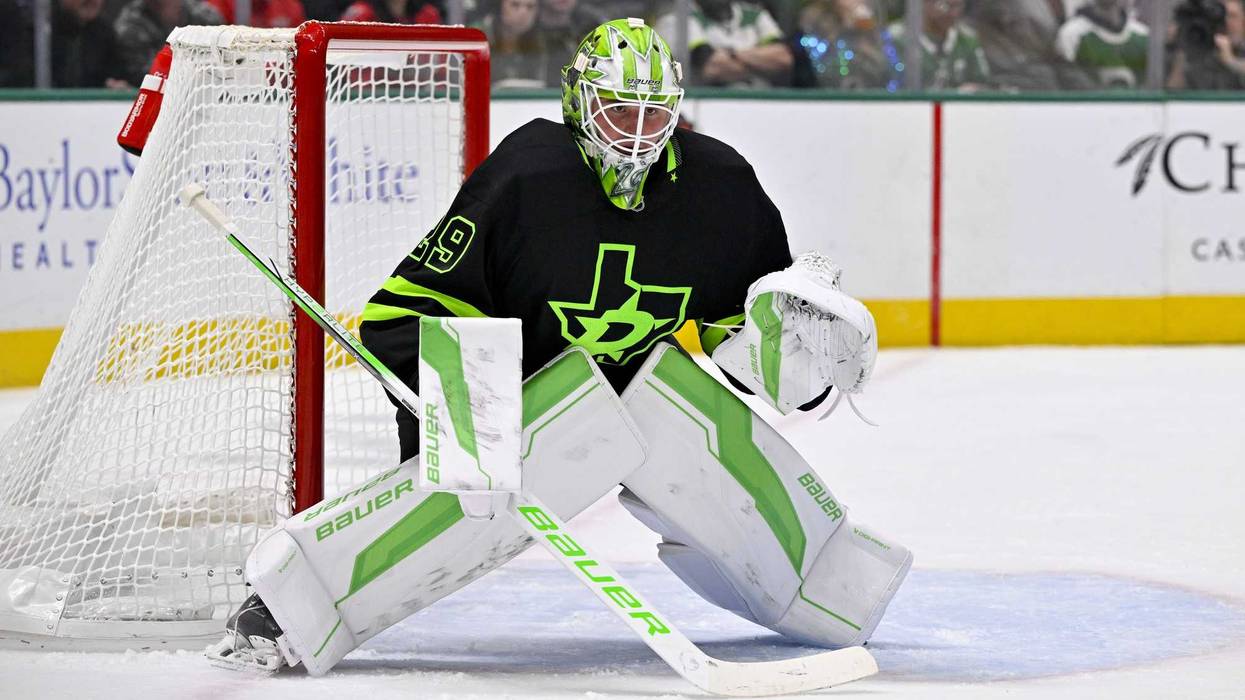 Dec 16, 2024; Dallas, Texas, USA; Dallas Stars goaltender Jake Oettinger (29) faces the Washington Capitals attack during the third period at the American Airlines Center.