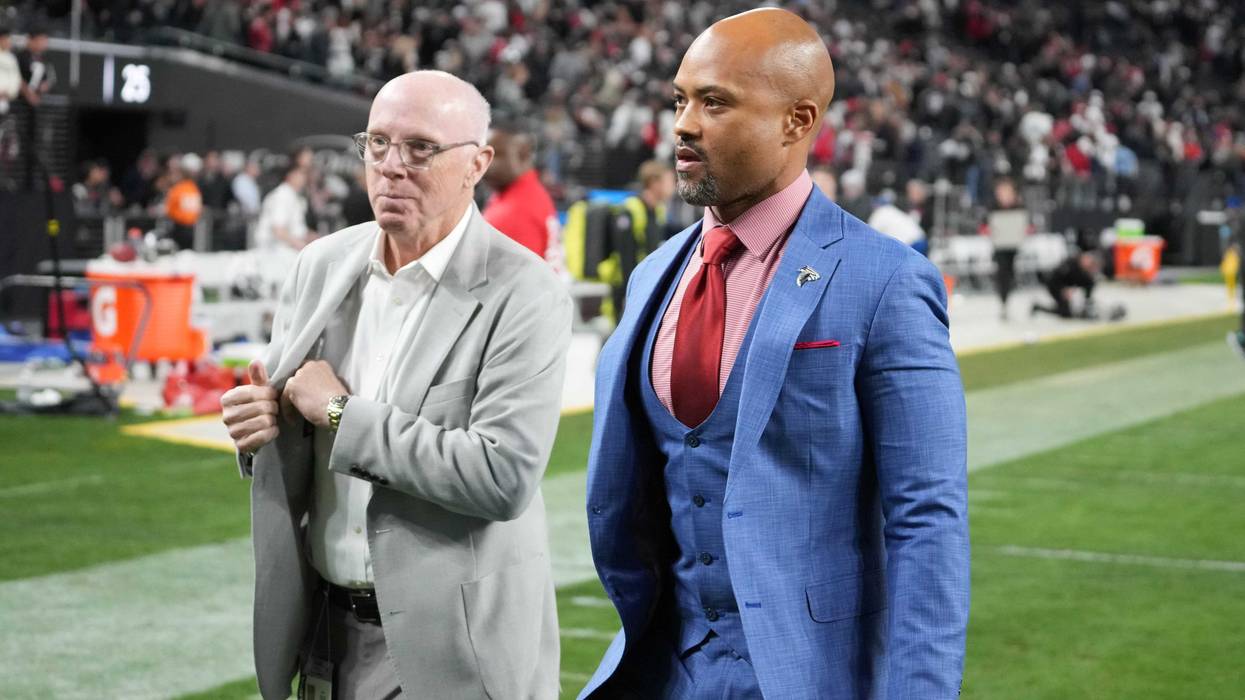 Dec 16, 2024; Paradise, Nevada, USA; Atlantic Falcons chief executive officer Rich McKay (left) and general manager Terry Fontenot leave the field after the game against the Las Vegas Raiders at Allegiant Stadium. Mandatory Credit: Kirby Lee-Imagn Images
