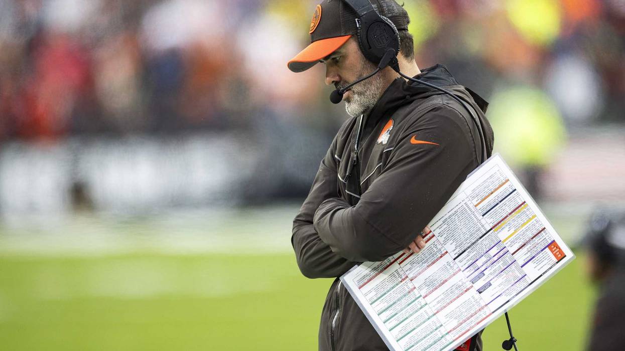 Dec 17, 2023; Cleveland, Ohio, USA; Cleveland Browns head coach Kevin Stefanski talks into his headset during the first quarter against the Chicago Bears at Cleveland Browns Stadium. Mandatory Credit: Scott Galvin-USA TODAY Sports