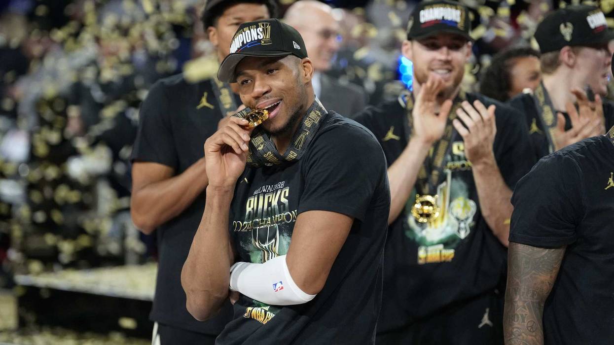 Dec 17, 2024; Las Vegas, Nevada, USA; Milwaukee Bucks forward Giannis Antetokounmpo (34) celebrates after winning the Emirates NBA Cup championship game against the Oklahoma City Thunder at T-Mobile Arena. Mandatory Credit: Kyle Terada-Imagn Images