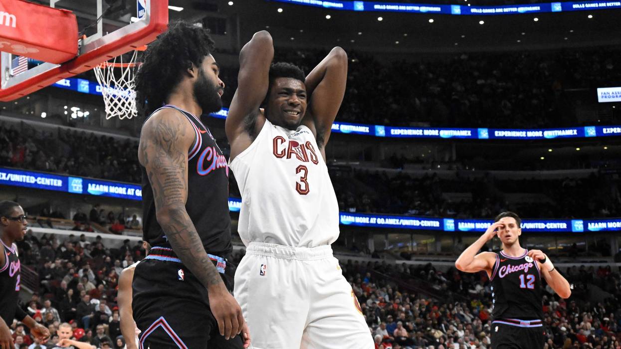 Dec 17, 2025; Chicago, Illinois, USA; Cleveland Cavaliers center Thomas Bryant (3) reacts after he fouls Chicago Bulls guard Coby White (0) during the second half at United Center. Mandatory Credit: Matt Marton-Imagn Images