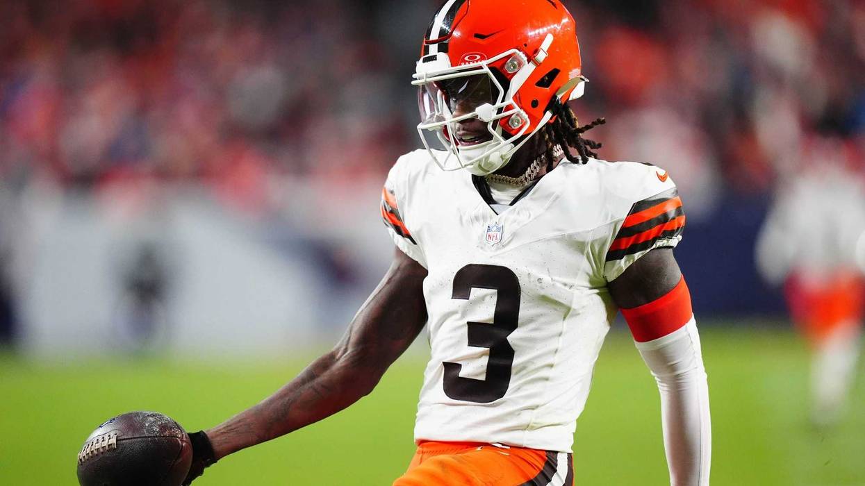 Dec 2, 2024; Denver, Colorado, USA; Cleveland Browns wide receiver Jerry Jeudy (3) scores a touchdown in the third quarter against the Denver Broncos at Empower Field at Mile High.