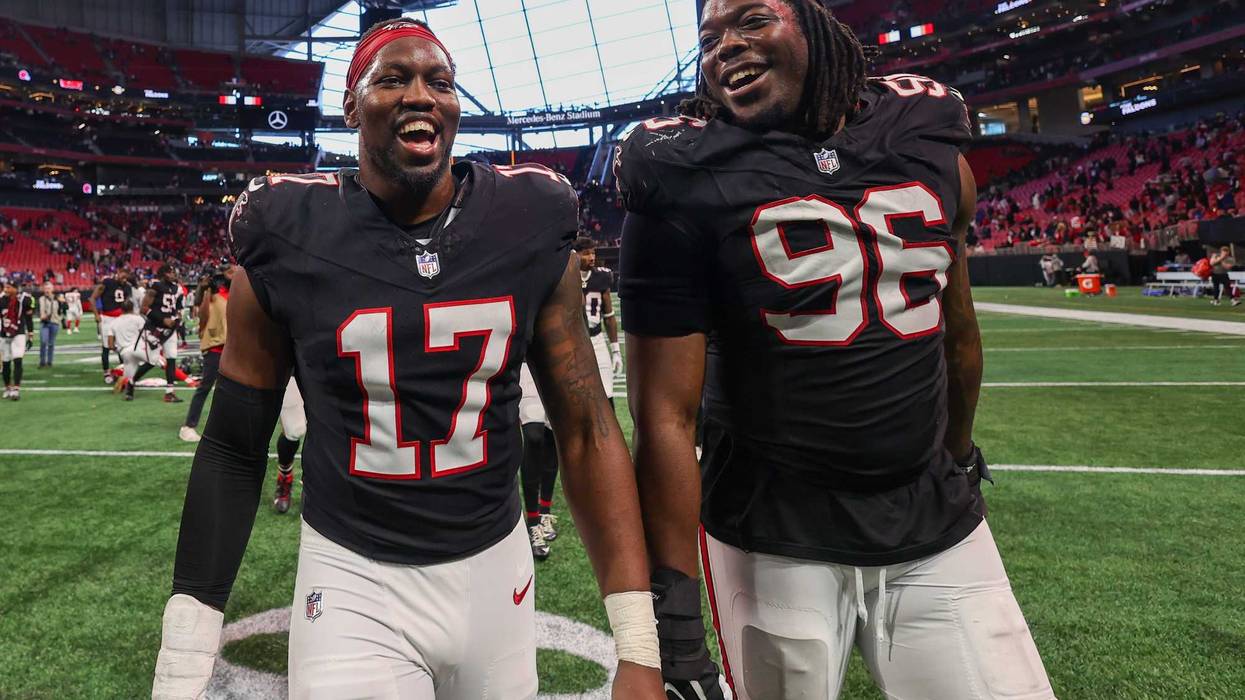 Dec 22, 2024; Atlanta, Georgia, USA; Atlanta Falcons linebacker Arnold Ebiketie (17) and defensive end Zach Harrison (96) celebrate after a victory over the New York Giants at Mercedes-Benz Stadium. Mandatory Credit: Brett Davis-Imagn Images