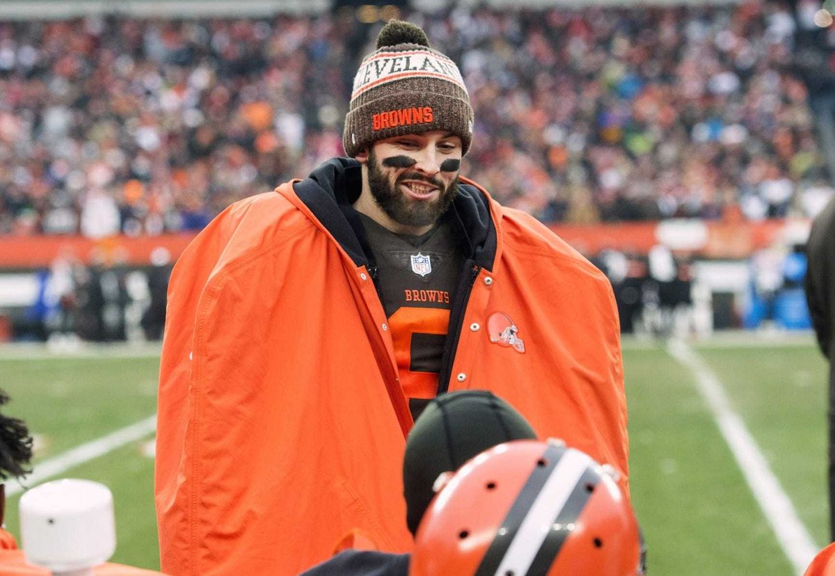Dec 23, 2018; Cleveland, OH, USA; Cleveland Browns quarterback Baker Mayfield (6) talks with the team during the second half against the Cincinnati Bengals at FirstEnergy Stadium. Mandatory Credit: Ken Blaze-USA TODAY Sports