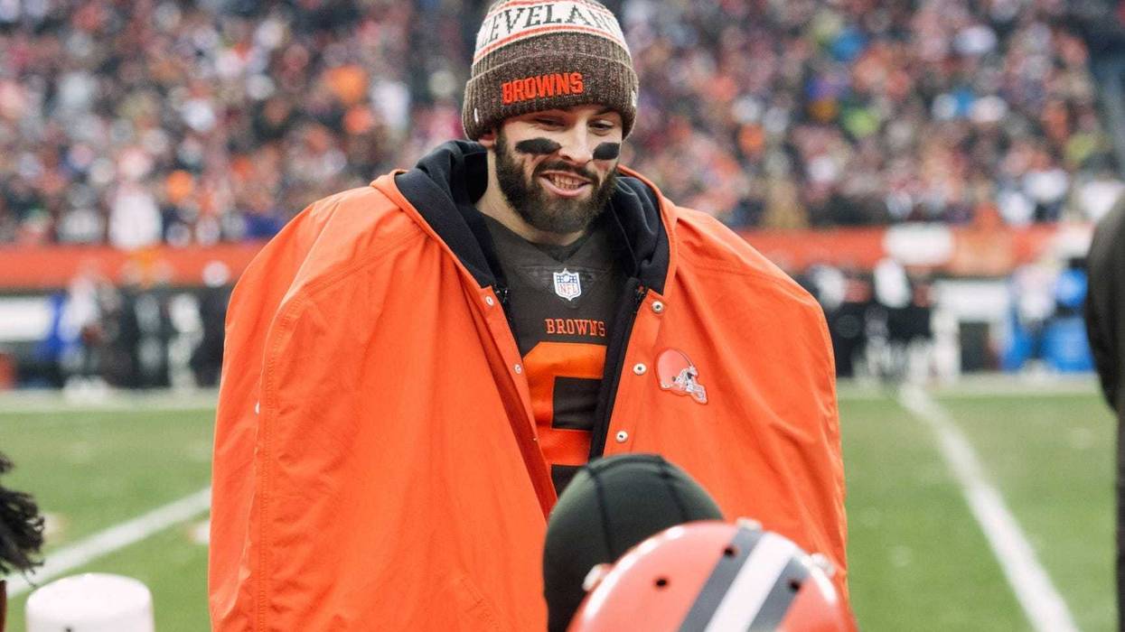 Dec 23, 2018; Cleveland, OH, USA; Cleveland Browns quarterback Baker Mayfield (6) talks with the team during the second half against the Cincinnati Bengals at FirstEnergy Stadium. Mandatory Credit: Ken Blaze-USA TODAY Sports