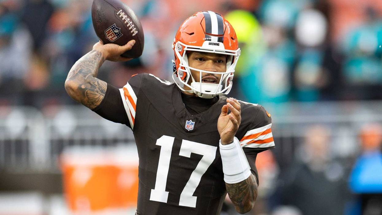 Dec 29, 2024; Cleveland, Ohio, USA; Cleveland Browns quarterback Dorian Thompson-Robinson (17) throws the ball during warm ups before the game against the Miami Dolphins at Huntington Bank Field.