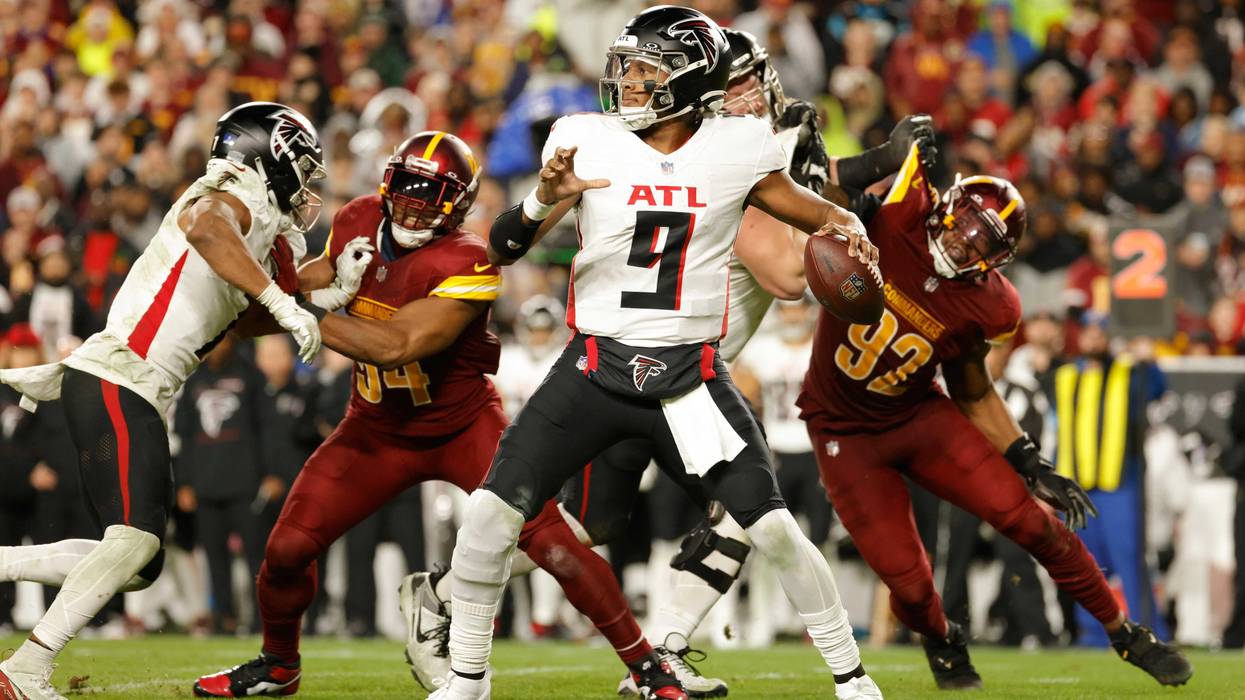 Dec 29, 2024; Landover, Maryland, USA; Atlanta Falcons quarterback Michael Penix Jr. (9) throws the ball against the Washington Commanders during the second half against the Atlanta Falcons at Northwest Stadium. Mandatory Credit: Amber Searls-Imagn Images